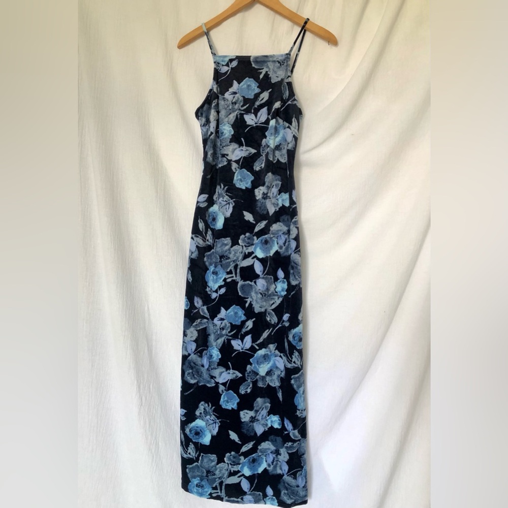 Vintage 90’s Tendency Blue Floral Velour Evening or Grunge Maxi Dress - Picture 1 of 5